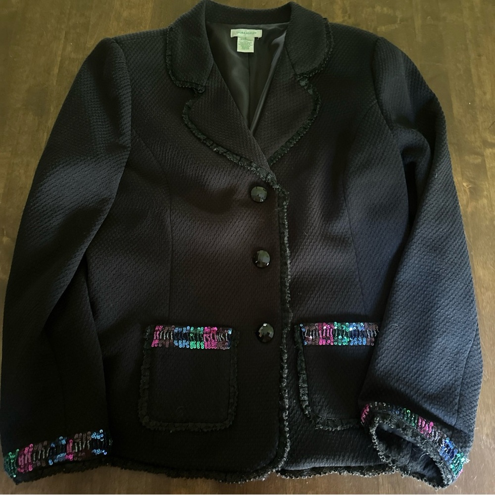 Laura‎ Ashley Blazer Jacket S Small Black Sequins Party Office Maxamalist Artsy